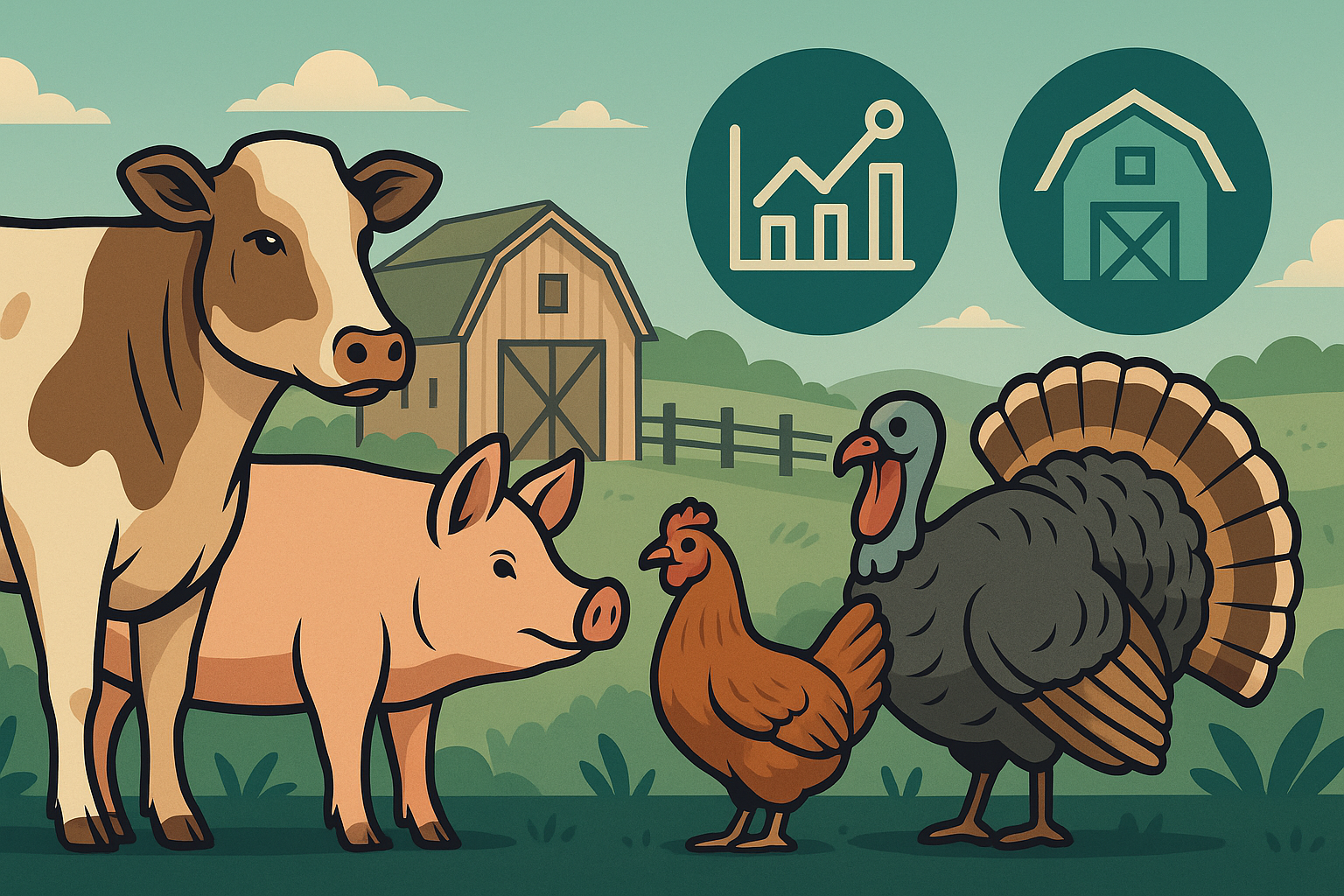 Farm animals with insights and management icons